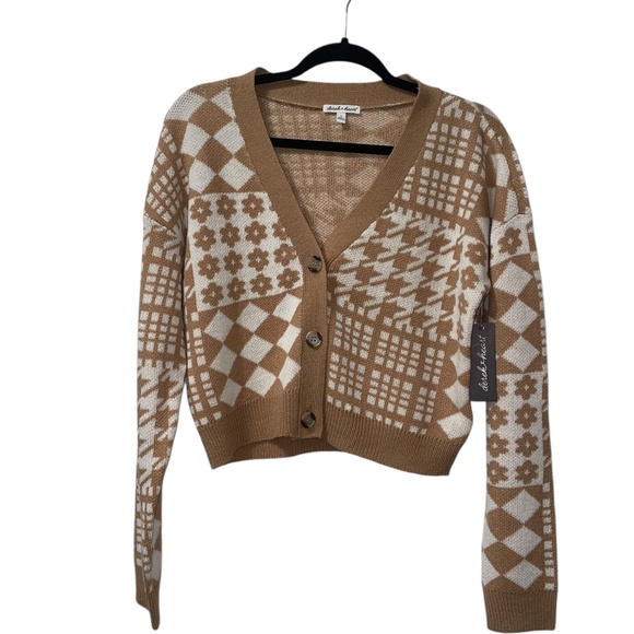 Derek Heart Brown White Long Sleeve button Down Cardigan Sweater Top Sz M - Picture 1 of 5
